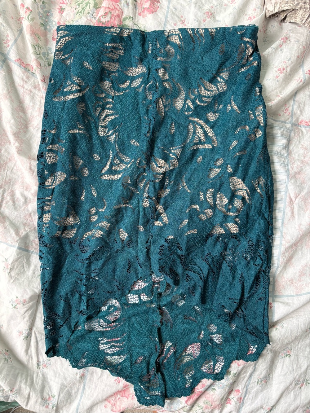Teal Lace Pencil Skirt - Women's Elegant Lace Overlay